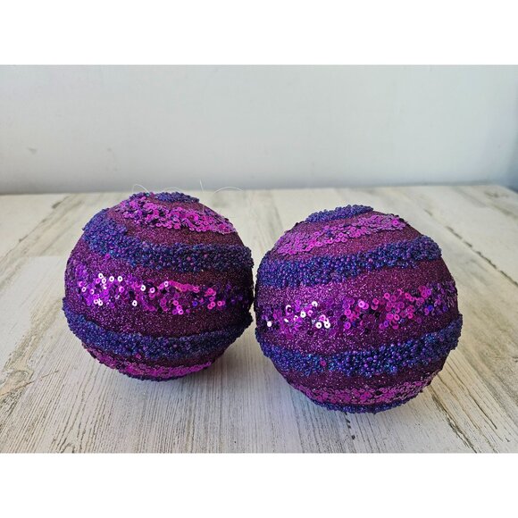 Purple sequin stripe beaded large ornament unique set Xmas tree - Picture 1 of 6